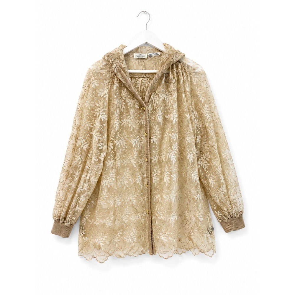 Vintage Valentino Boutique Sheer Floral Lace Hooded Blouse Jacket Gold Buttons M